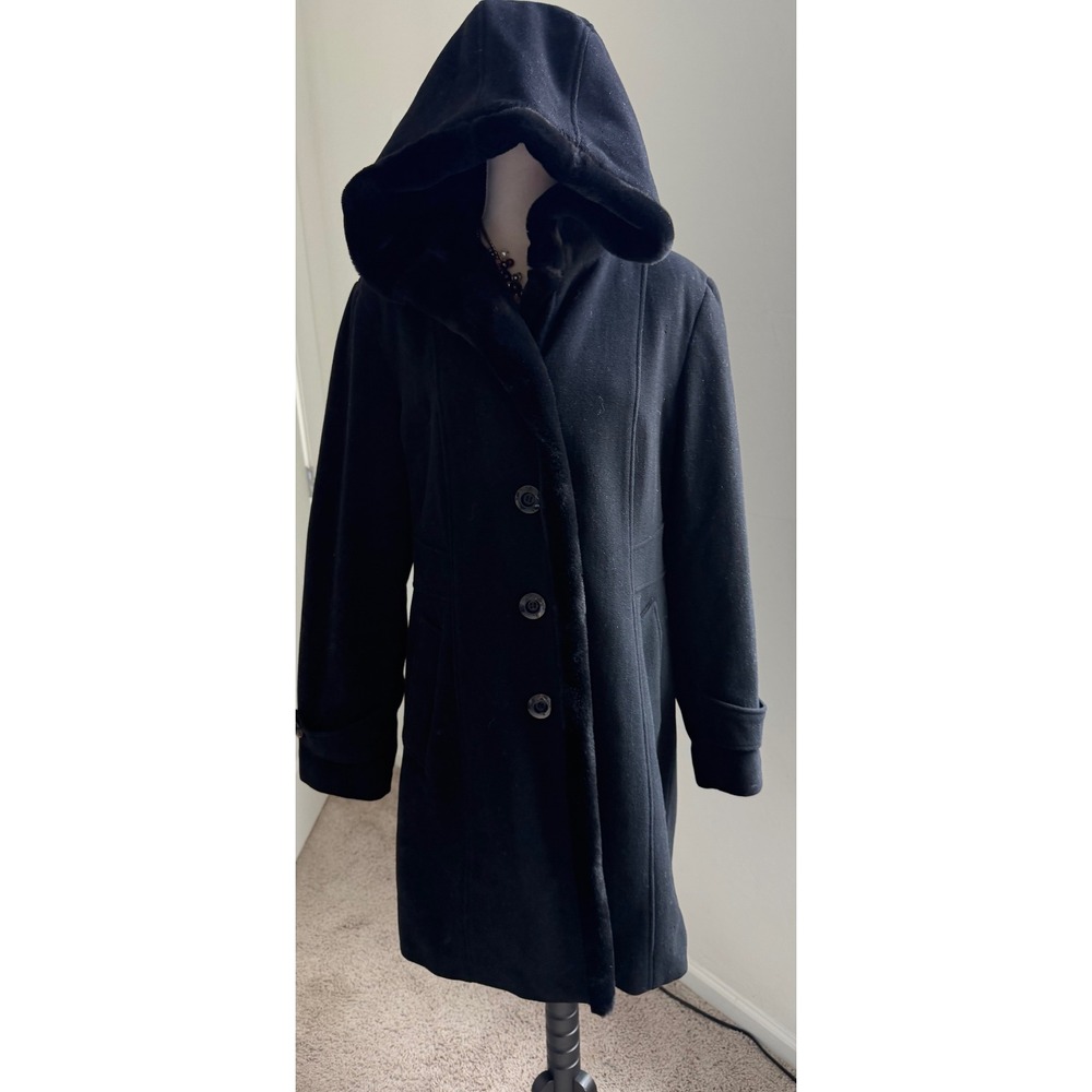 Collection by Gallery Black Faux Fur Collar Wool Mix Mid Length Button Up Coat L